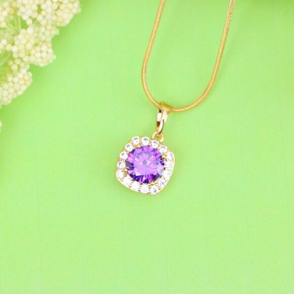 "Purple Round Stone Pendant in Gold Plated Brass with Crystal Halo, XPPT1772 - Picture 2 of 13